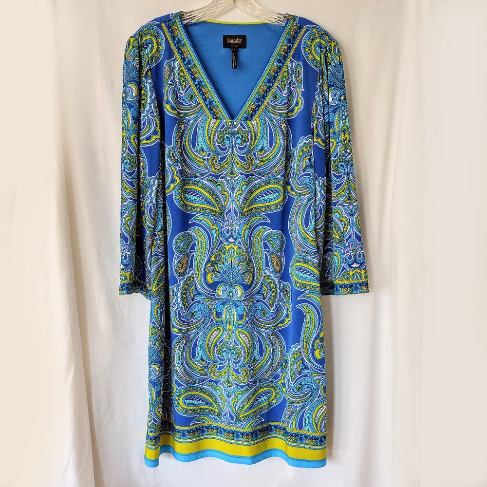 LAUNDRY by Shelli Segal Sheath Dress L Large EUC Paisley 3/4 Sleeve Stretch